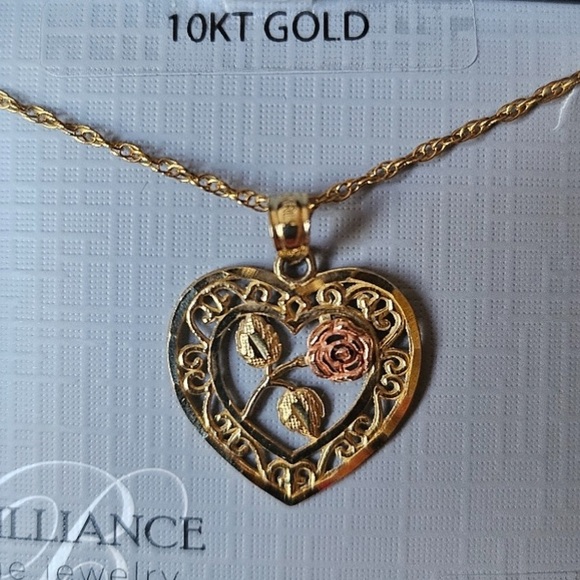 10k YG Rose Heart Pendant & 18" Chain Yellow Gold 10K 10kt 10KT Necklace Charm - Picture 1 of 4
